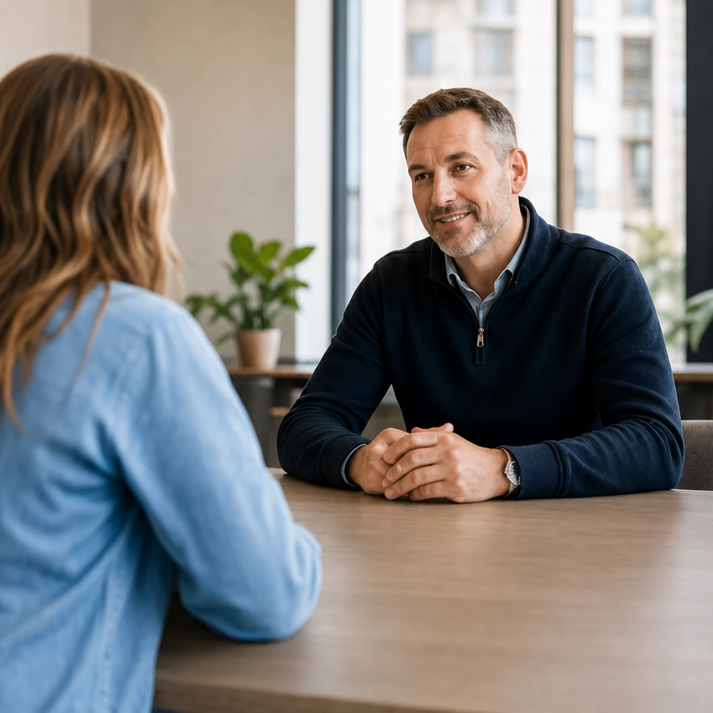 Een adviseur van Claimhof in gesprek met een cliënt in een licht kantoor